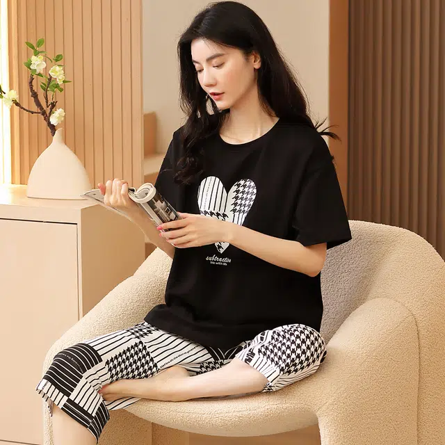 袋鼠 夏季时尚格仔可爱休闲甜美纯棉纯色短袖七分裤可外穿少女睡衣套装 女款