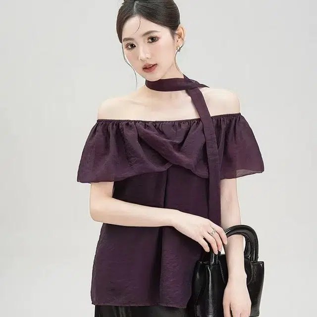 识恩 法式复古一字肩荷叶边时尚小众微透宽松显瘦薄上衣衬衫 女款