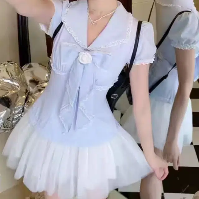 识恩 大码学院风女夏季蝴蝶结蕾丝蓬蓬裙短袖连衣裙 女款