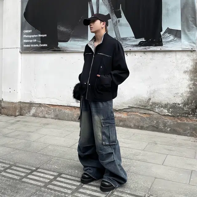 费尔岛上的猫 美式复古拼接纯色拉链工装夹克外套 男女同款