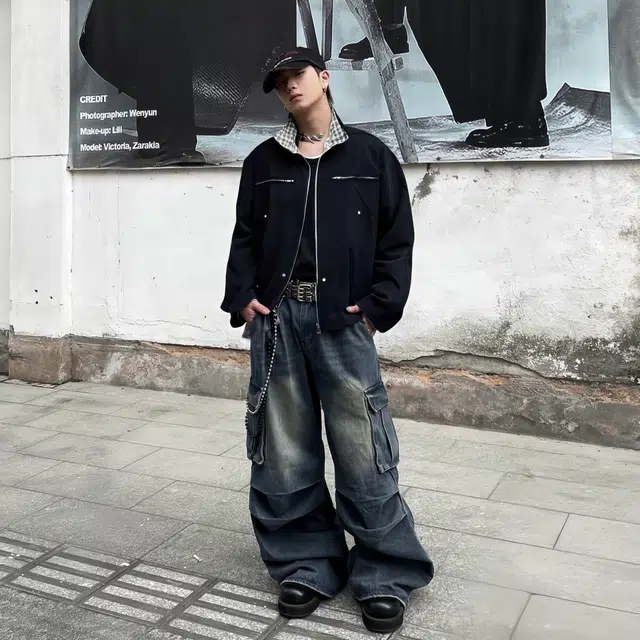 费尔岛上的猫 美式复古拼接纯色拉链工装夹克外套 男女同款
