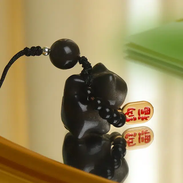 镯瑾 转运珠招财福牌小猫手机挂件  新中式国风小众设计感 串珠手工编织黑绳 黑曜石 玉石吊坠 男女同款情侣款