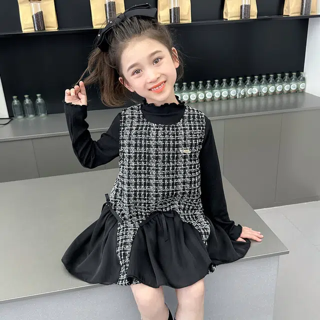 木木屋 格子舒适柔软轻盈长袖裙装套装 黑色中小童
