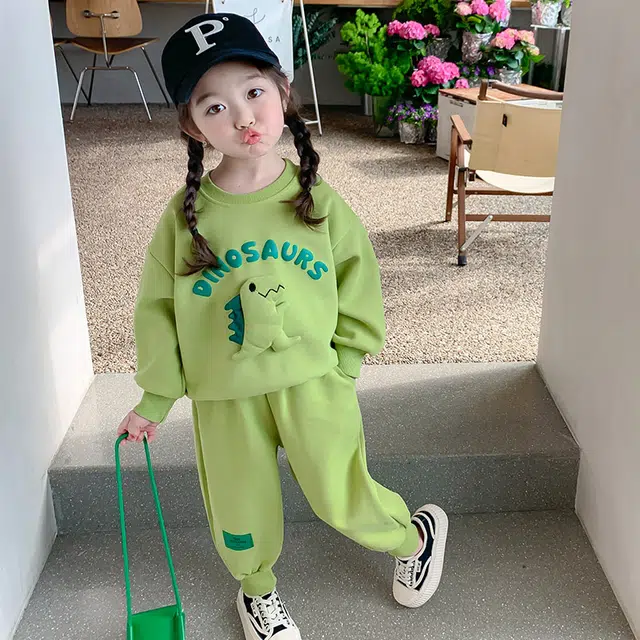 木木屋 舒适简约立体恐龙休闲运动套装 绿色儿童款