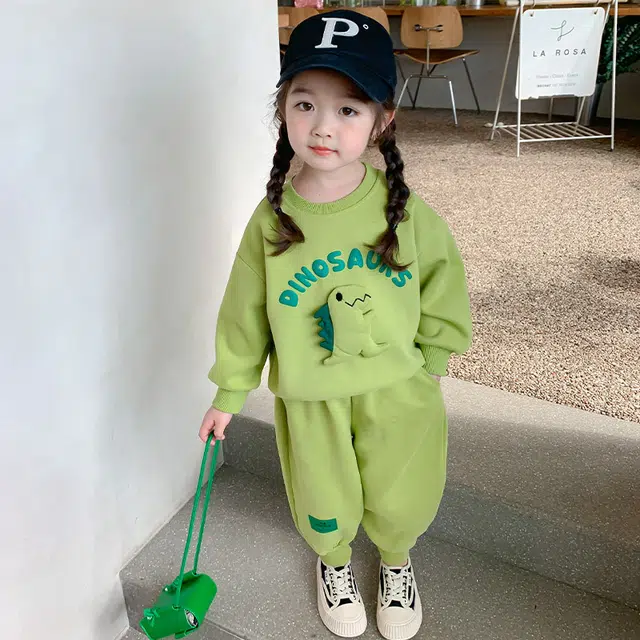 木木屋 舒适简约立体恐龙休闲运动套装 绿色儿童款