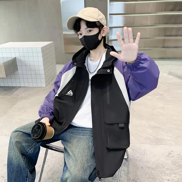 木木屋 时髦洋气潮酷百搭插肩拼色连帽长袖夹克外套青少年