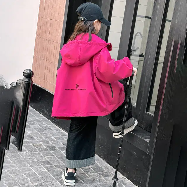 木木屋 舒适连帽拉链夹克外套 火龙果色青少年
