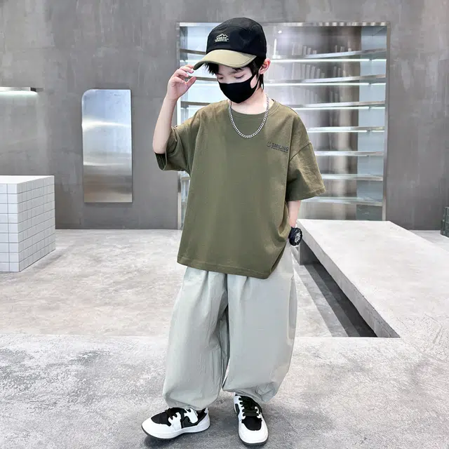 木木屋 圆领洋气字母简约落肩短袖松紧腰纯色长裤休闲运动套装青少年