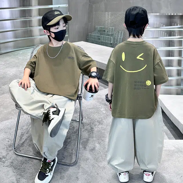 木木屋 圆领洋气字母简约落肩短袖松紧腰纯色长裤休闲运动套装青少年