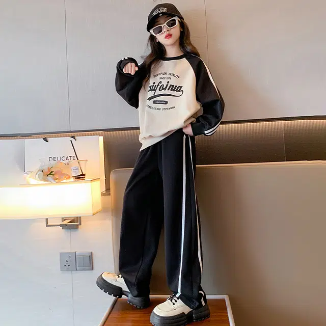 木木屋 圆领洋气简约舒适字母插肩长袖松紧腰长裤休闲运动套装青少年