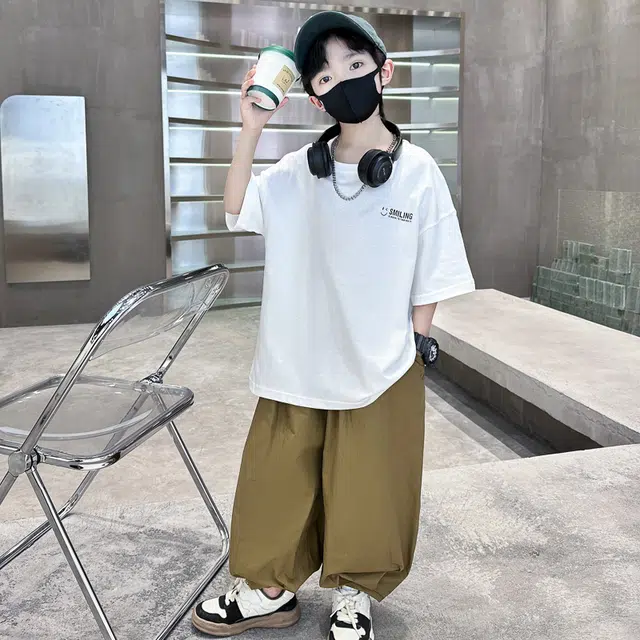 木木屋 圆领洋气字母简约落肩短袖松紧腰纯色长裤休闲运动套装青少年