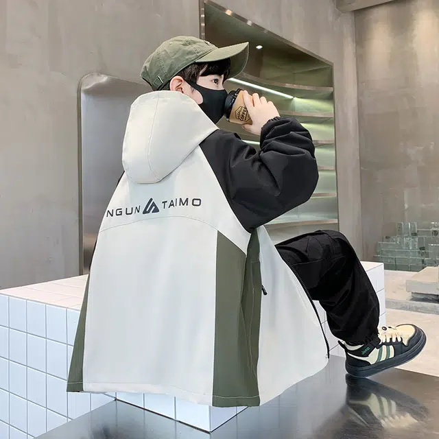 木木屋 时髦洋气潮酷百搭插肩拼色连帽长袖夹克外套青少年