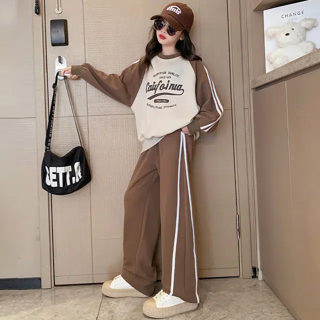 木木屋 圆领洋气简约舒适字母插肩长袖松紧腰长裤休闲运动套装青少年