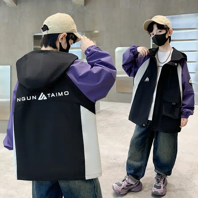 木木屋 时髦洋气潮酷百搭插肩拼色连帽长袖夹克外套青少年