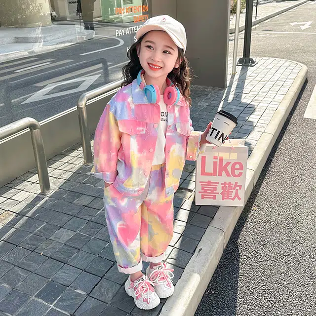 木木屋 时尚宽松舒适百搭潮流扎染涂鸦翻领长袖上衣长裤休闲运动套装 粉色中小童