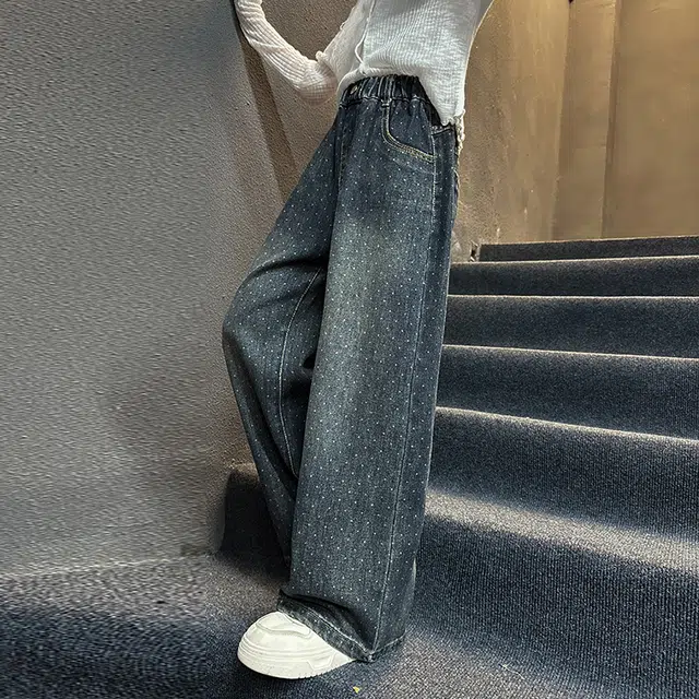 木木屋 洋气纯色简约舒适休闲松紧腰牛仔裤 青少年 蓝色