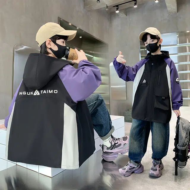 木木屋 时髦洋气潮酷百搭插肩拼色连帽长袖夹克外套青少年