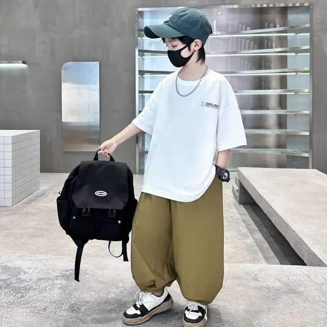 木木屋 圆领洋气字母简约落肩短袖松紧腰纯色长裤休闲运动套装青少年