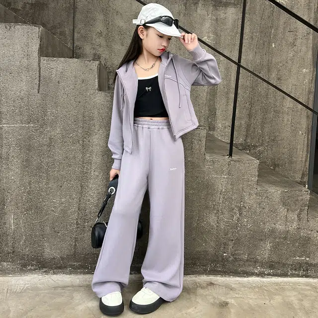 木木屋 连帽洋气简约纯色长袖松紧腰长裤休闲运动套装 紫色青少年