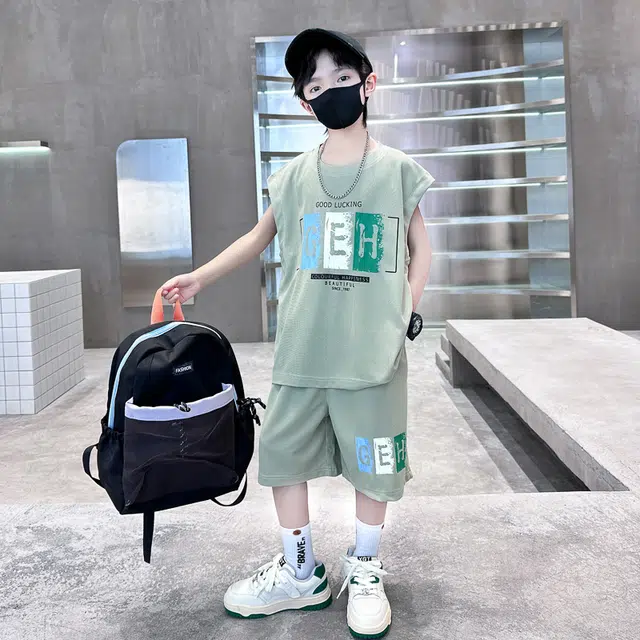 木木屋 圆领舒适亲肤无袖上衣简约五分裤休闲运动套装青少年