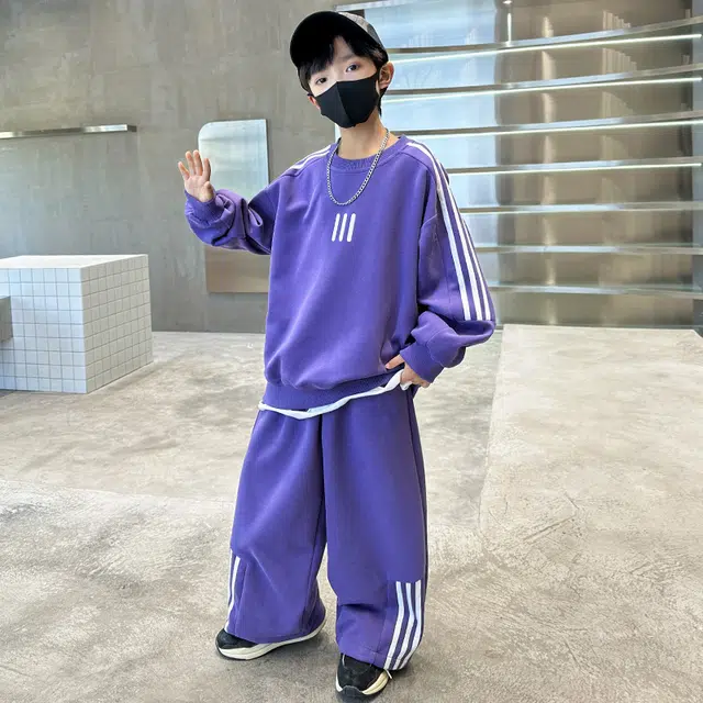 木木屋 舒适圆领条纹上衣透气裤子休闲运动套装青少年