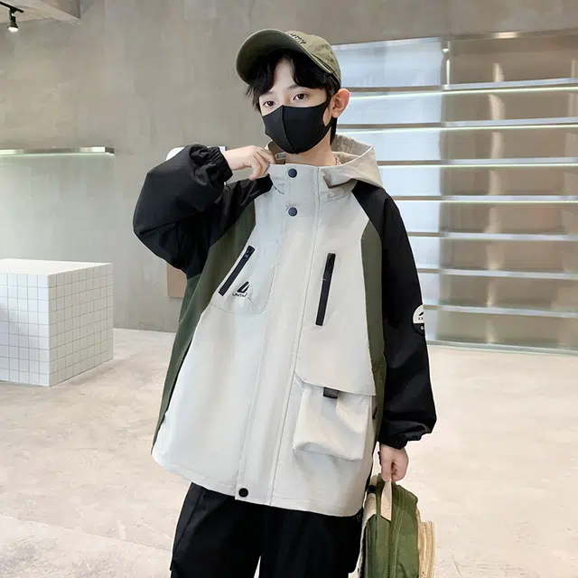 木木屋 时髦洋气潮酷百搭插肩拼色连帽长袖夹克外套青少年