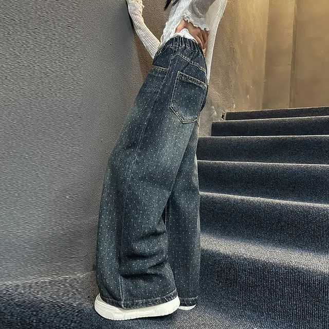 木木屋 洋气纯色简约舒适休闲松紧腰牛仔裤 青少年 蓝色