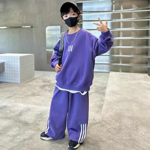 木木屋 舒适圆领条纹上衣透气裤子休闲运动套装青少年