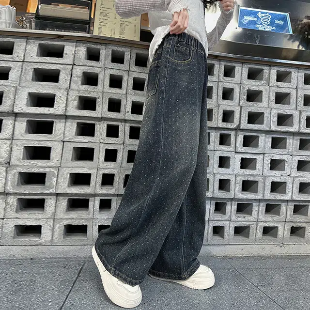 木木屋 洋气纯色简约舒适休闲松紧腰牛仔裤 青少年 蓝色