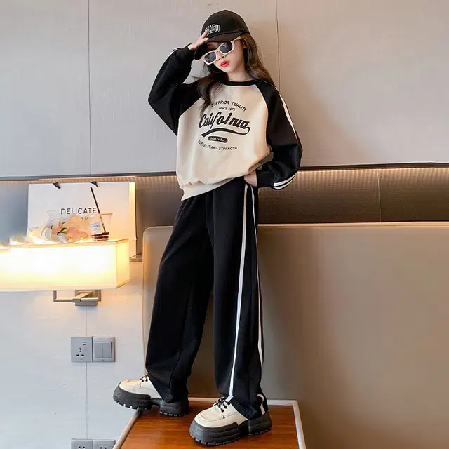 木木屋 圆领洋气简约舒适字母插肩长袖松紧腰长裤休闲运动套装青少年
