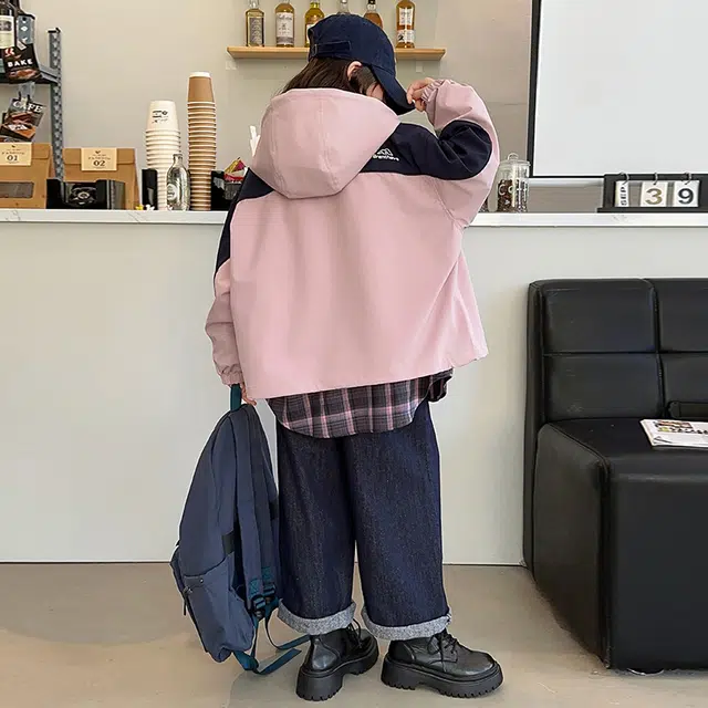 木木屋 连帽洋气字母拼接舒适插肩长袖夹克外套青少年