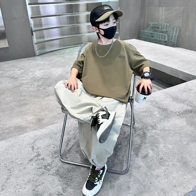 木木屋 圆领洋气字母简约落肩短袖松紧腰纯色长裤休闲运动套装青少年