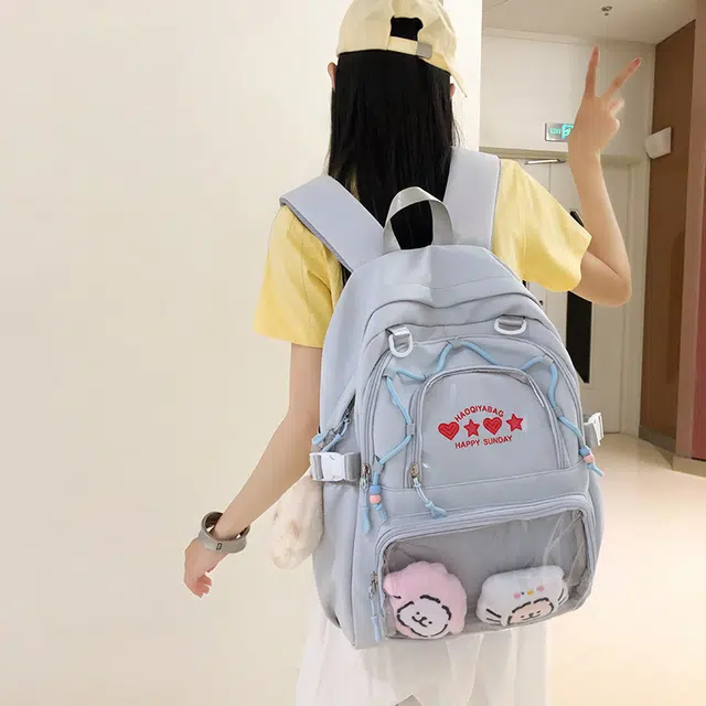 蔻蒂熊 痛包书包日系大容量透明学生电脑背包女吧唧校园带暗高颜值尼龙 涤纶 双肩包 常规 青少年 雾霾蓝 /  白色  /黑色/ 黄色/ 绿色