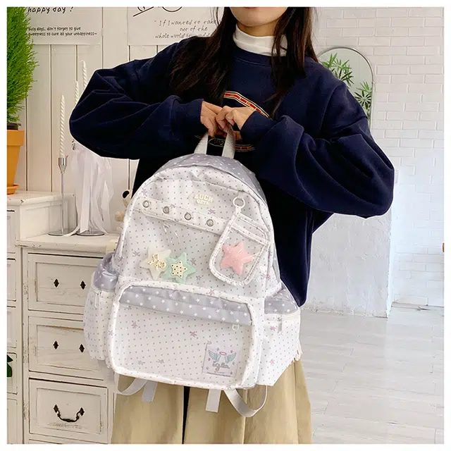 蔻蒂熊 高颜值日系可爱斑点透明痛包休闲百搭二次元少女书包小型背包旅行 尼龙布 双肩包 白色    黑色    粉色