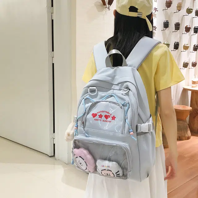 蔻蒂熊 痛包书包日系大容量透明学生电脑背包女吧唧校园带暗高颜值尼龙 涤纶 双肩包 常规 青少年 雾霾蓝 /  白色  /黑色/ 黄色/ 绿色