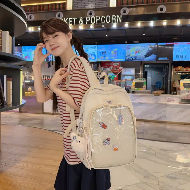 蔻蒂熊 高颜值可爱大容量书包痛包初中生高中生女轻便减负通勤校园休闲 尼龙布 双肩包 常规 青少年 白色/黑色/卡其色/蓝色/粉色