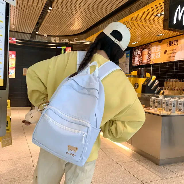 蔻蒂熊 小清新书包女初中生大学生卡通可爱包少女春游小背包高颜值 涤纶  双肩包 常规 青少年 米白色/黑色/粉红色/黄色/浅蓝色/浅绿色