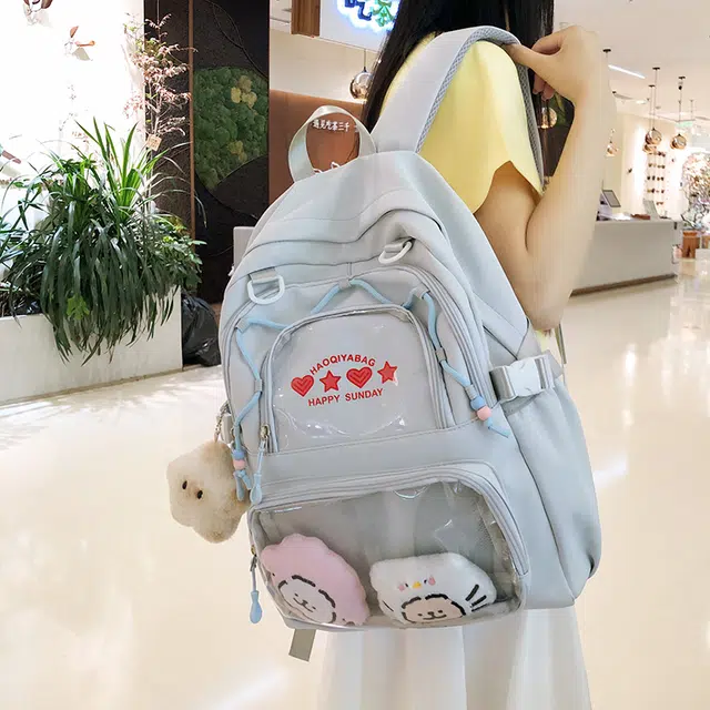 蔻蒂熊 痛包书包日系大容量透明学生电脑背包女吧唧校园带暗高颜值尼龙 涤纶 双肩包 常规 青少年 雾霾蓝 /  白色  /黑色/ 黄色/ 绿色