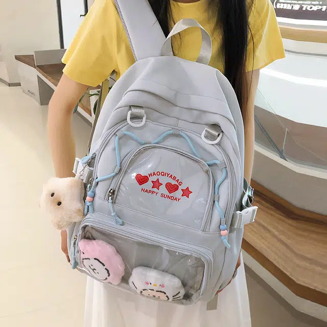 蔻蒂熊 痛包书包日系大容量透明学生电脑背包女吧唧校园带暗高颜值尼龙 涤纶 双肩包 常规 青少年 雾霾蓝 /  白色  /黑色/ 黄色/ 绿色