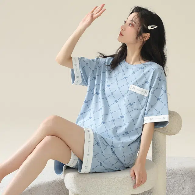 莫代尔 薄款口袋短袖上衣千鸟格家居服可外穿睡衣套装 女款 天蓝色