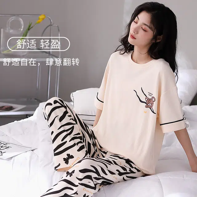 莫代尔 气质百搭舒适圆领套头轻盈柔软亲肤透气不闷随性短袖长裤不易起球可外穿睡衣套装 女款 杏色