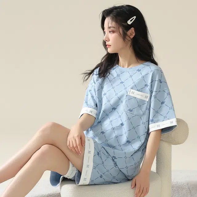 莫代尔 薄款口袋短袖上衣千鸟格家居服可外穿睡衣套装 女款 天蓝色