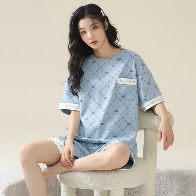 莫代尔 薄款口袋短袖上衣千鸟格家居服可外穿睡衣套装 女款 天蓝色