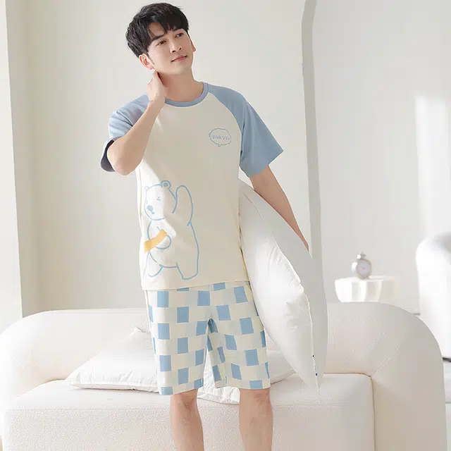 莫代尔 薄款亲肤韩版卡通短袖五分裤家居服可外穿睡衣套装 男款 杏色