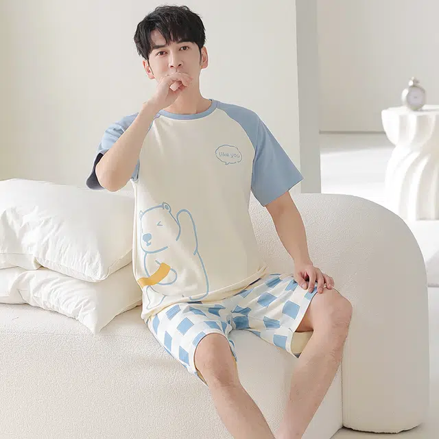 莫代尔 薄款亲肤韩版卡通短袖五分裤家居服可外穿睡衣套装 男款 杏色