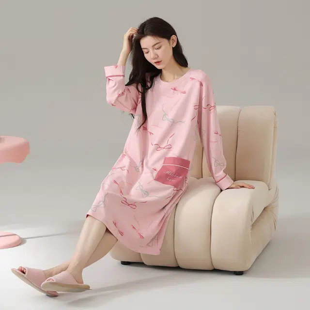 莫代尔 轻盈耐磨微弹透气吸湿排汗柔软长袖睡裙 女款 粉色