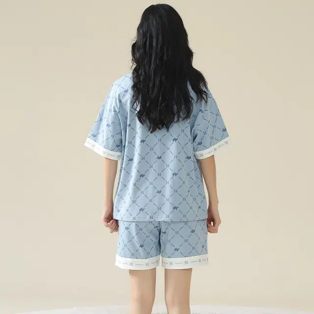莫代尔 薄款口袋短袖上衣千鸟格家居服可外穿睡衣套装 女款 天蓝色