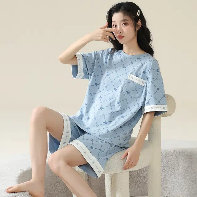 莫代尔 薄款口袋短袖上衣千鸟格家居服可外穿睡衣套装 女款 天蓝色