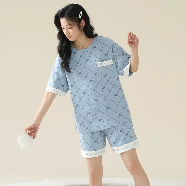 莫代尔 薄款口袋短袖上衣千鸟格家居服可外穿睡衣套装 女款 天蓝色