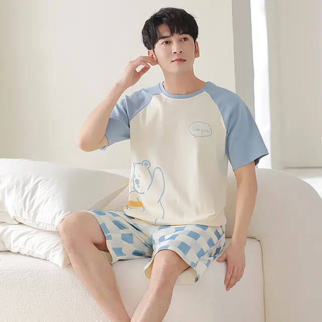 莫代尔 薄款亲肤韩版卡通短袖五分裤家居服可外穿睡衣套装 男款 杏色